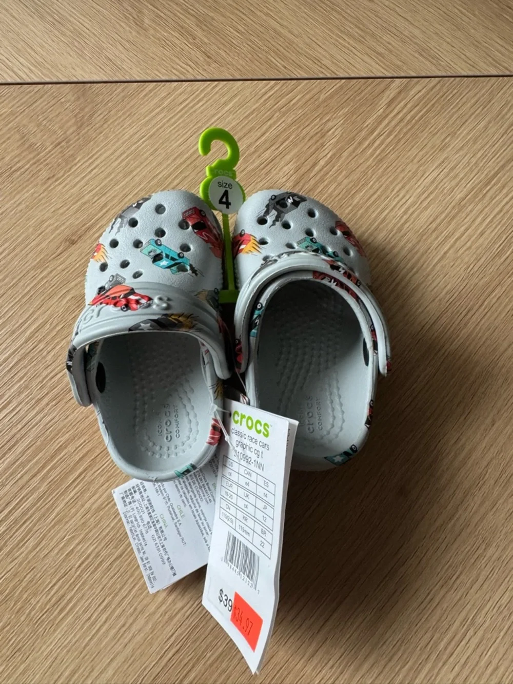 CROCS Kids Gray Car Print Clogs - Size 4